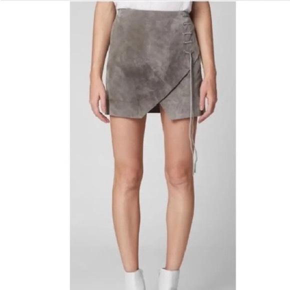 BLANKNYC 100% Leather Real Suede Front Faux Wrap Lace Side Detail Mini Skirt 27 - Picture 3 of 15